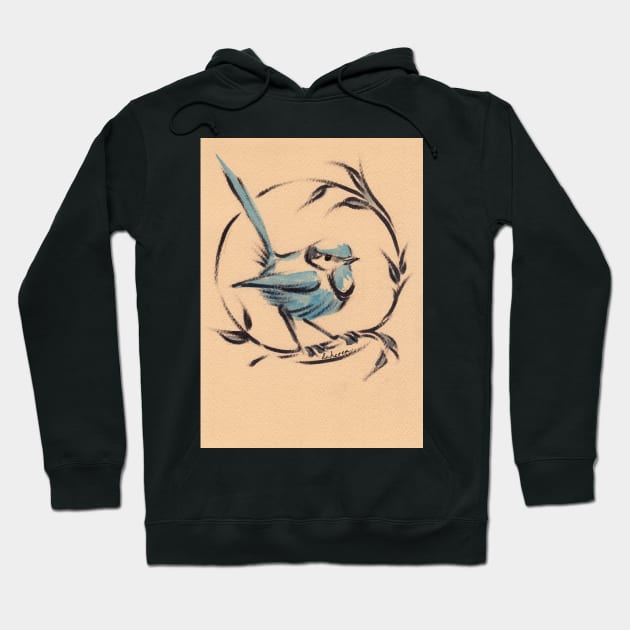 Little Blue Bird:   Sumi-e painting on vintage watercolor paper Hoodie by tranquilwaters